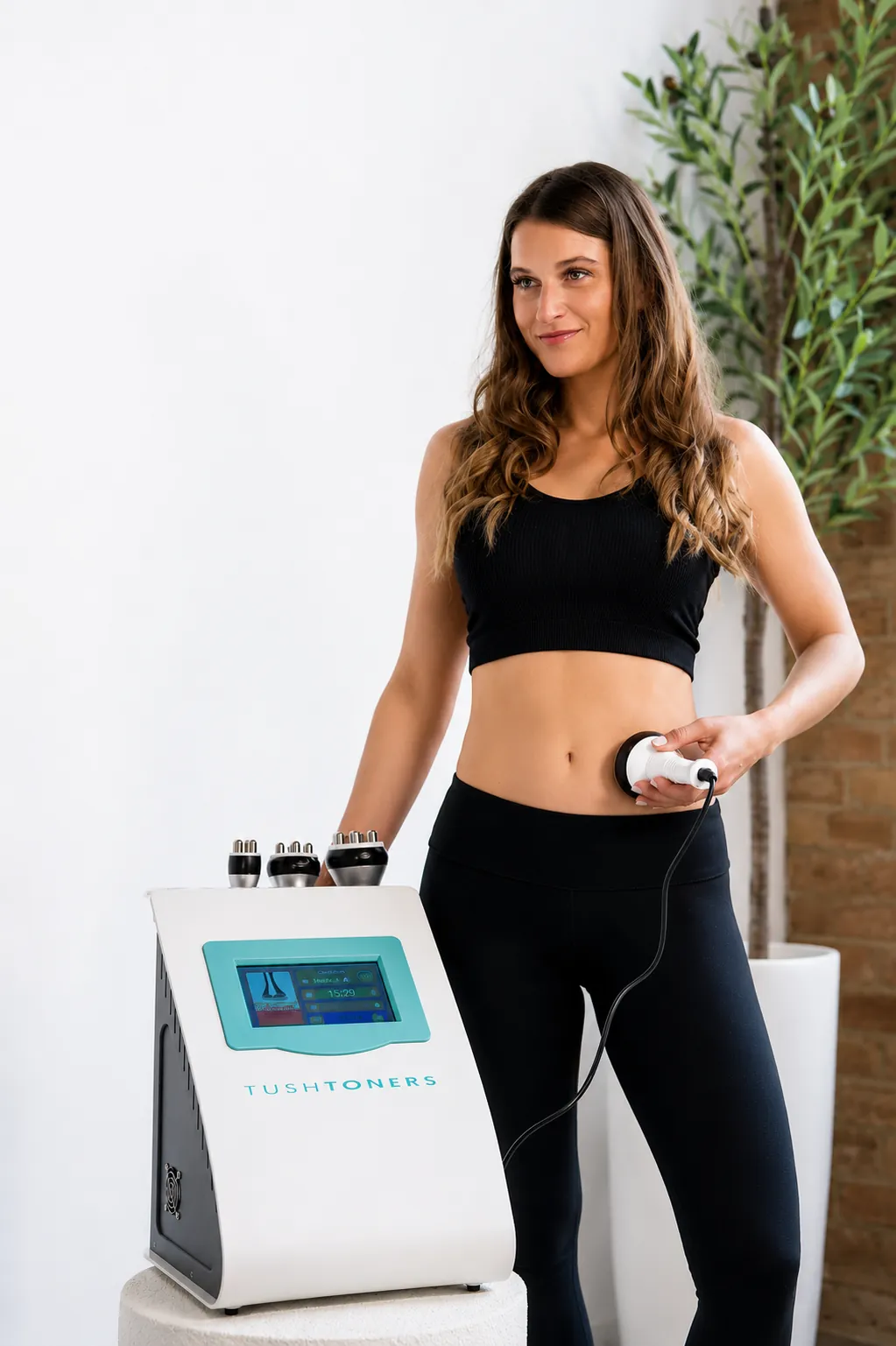 Woman standing next to the TushToners at-home machine