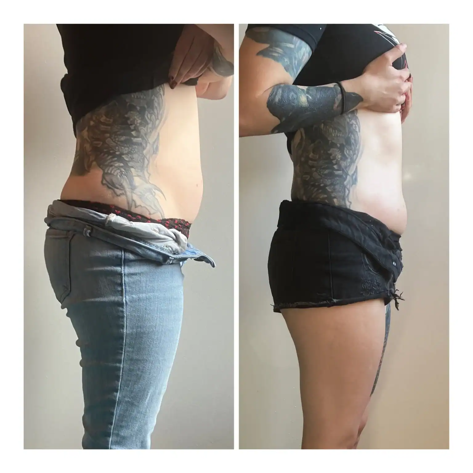 Stomach before and after: Two sessions, 3 inches lost