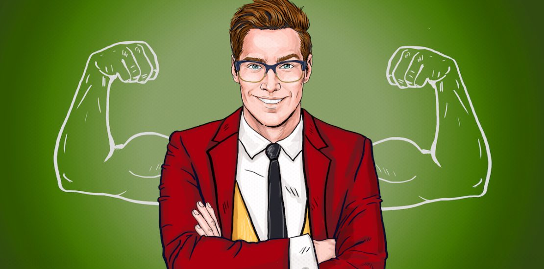 Strong Businessman in  glasses in comic style. Advertisement poster design of gym class or fitness lessons. Office worker with imaginary muscles